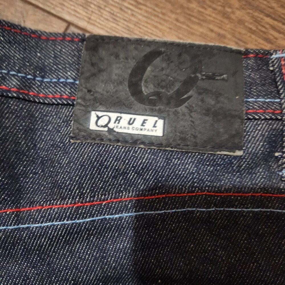 Vintage Qruel Jeans men's 36x32 Blue Dark Raw Red Stitching Baggy y2k - Picture 10 of 14